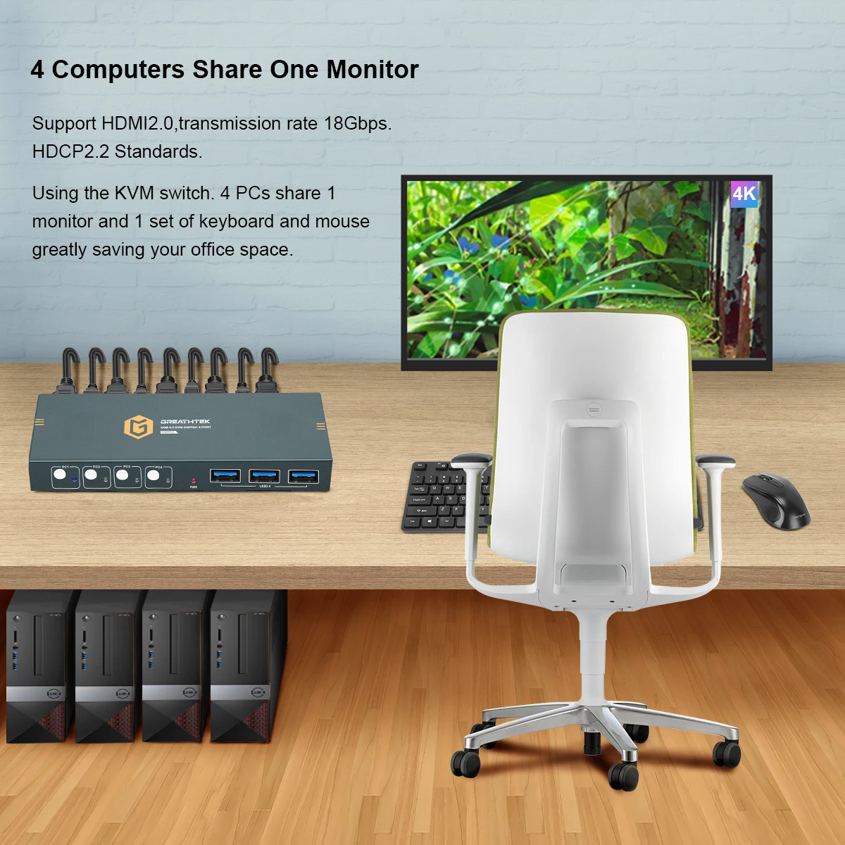 4 Port KVM Switch USB2.0 4K30Hz 4 in 1 Out 8 PCs Sharing with One Set of Keyboard Mous Plug and Play