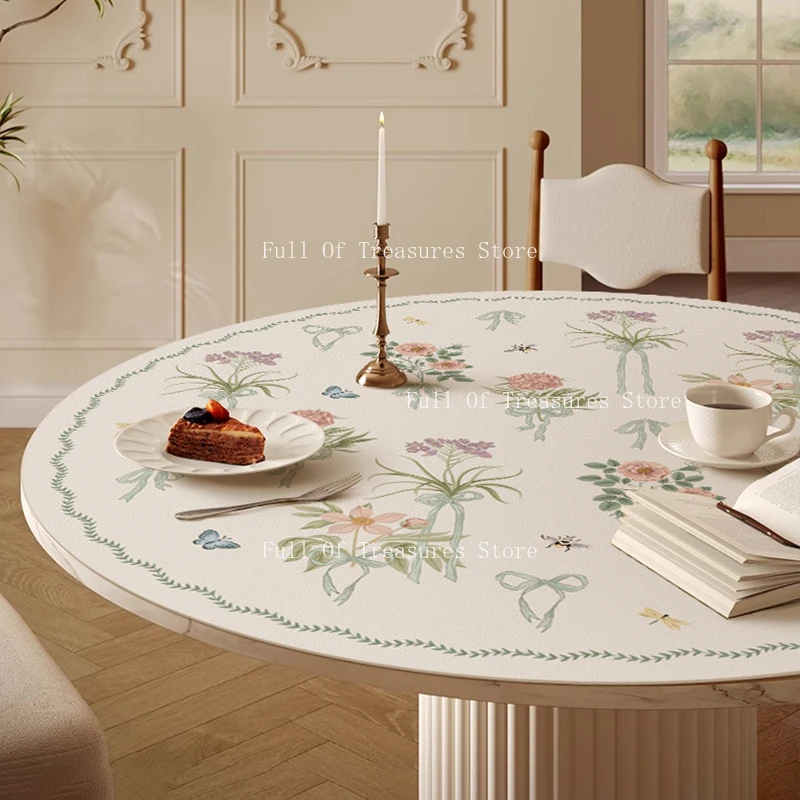 French Elegant Bow Leather Round Table Mat Light Luxury Premium Waterproof Oil-proof Round Table Cloth Table Mat