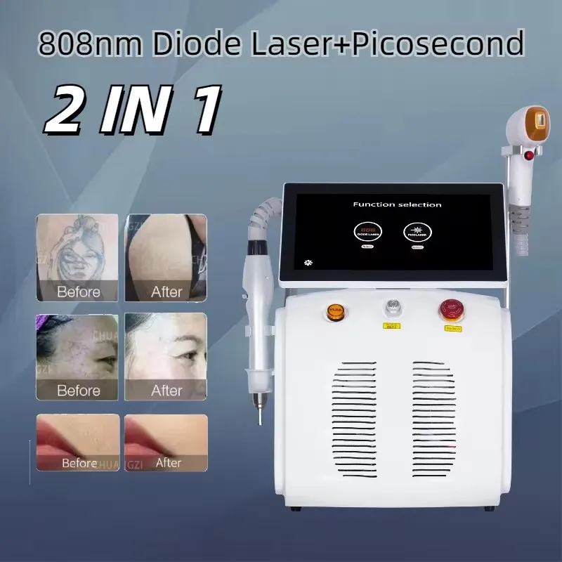 2 In 1 Portable 808nm Diode Laser + Picosecond Laser Machine For Professional Hair Removal Skin Cosmetic Tattoo/Pigment Removal
