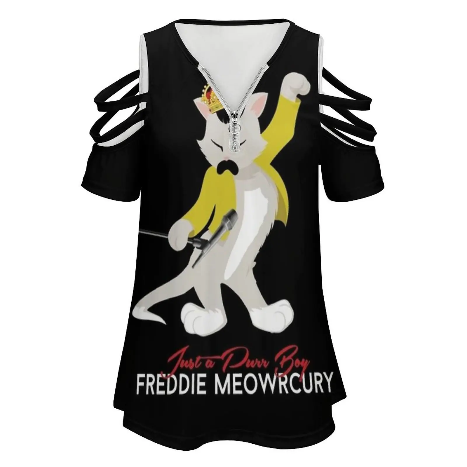 Freddie Meow Women Zipper Sexy Printed Vintage T Shirts Tops Full Print T-Shirt Freddie Queen God Save The Queen Cat Kitty Meow