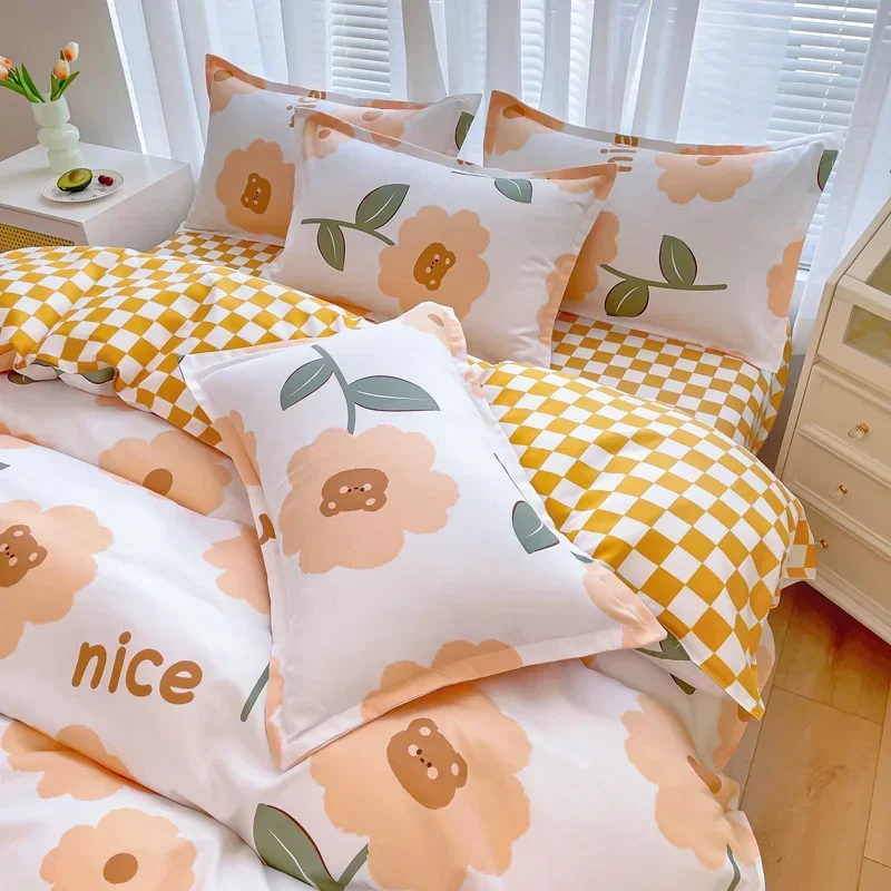 Yellow Floral Duvet Cover Set Queen Size Cute Flowers Printed 3pcs Bedding Thickened Comforter Duvet Cover Set for Girls Women