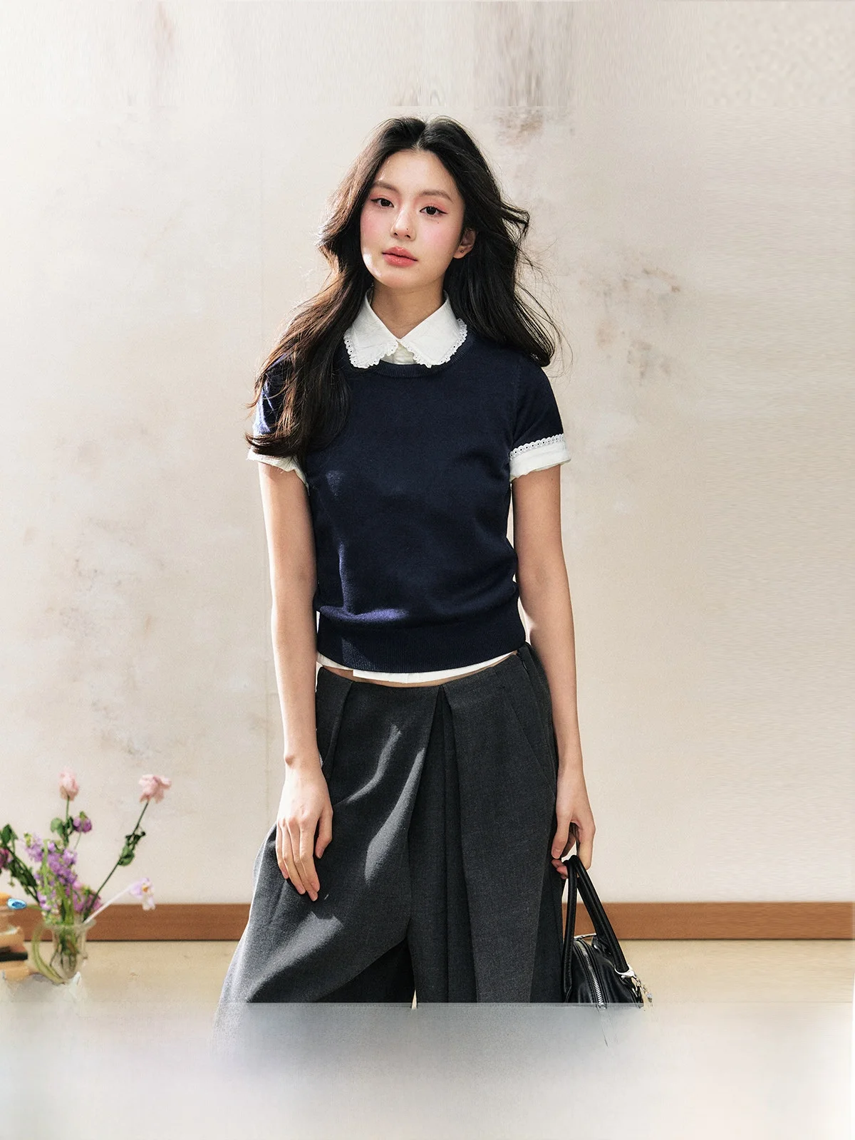 

7Shiftin Original Design Autumn New Style Dark Blue Short Sleeve Vest Sweater Slim Fit Versatile Top for Women Casual round Neck