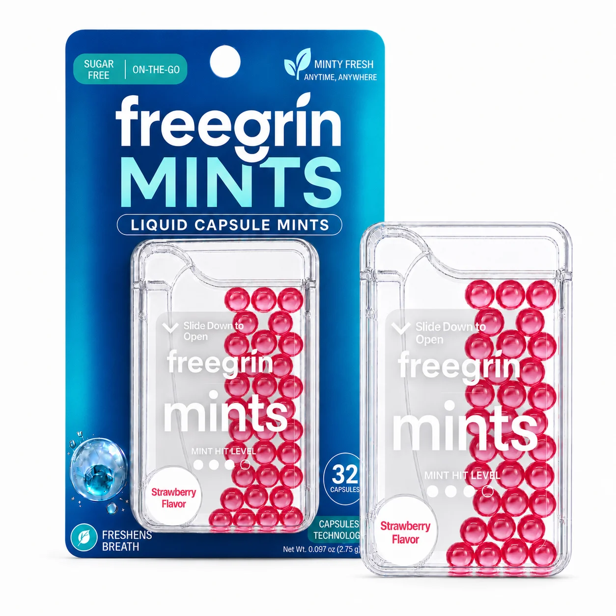 Liquid Capsule Mints, Sugar-Free Strawberry Breath Freshener, 1 Box (32 Count), Portable Bursting Mint Balls for Oral Freshness