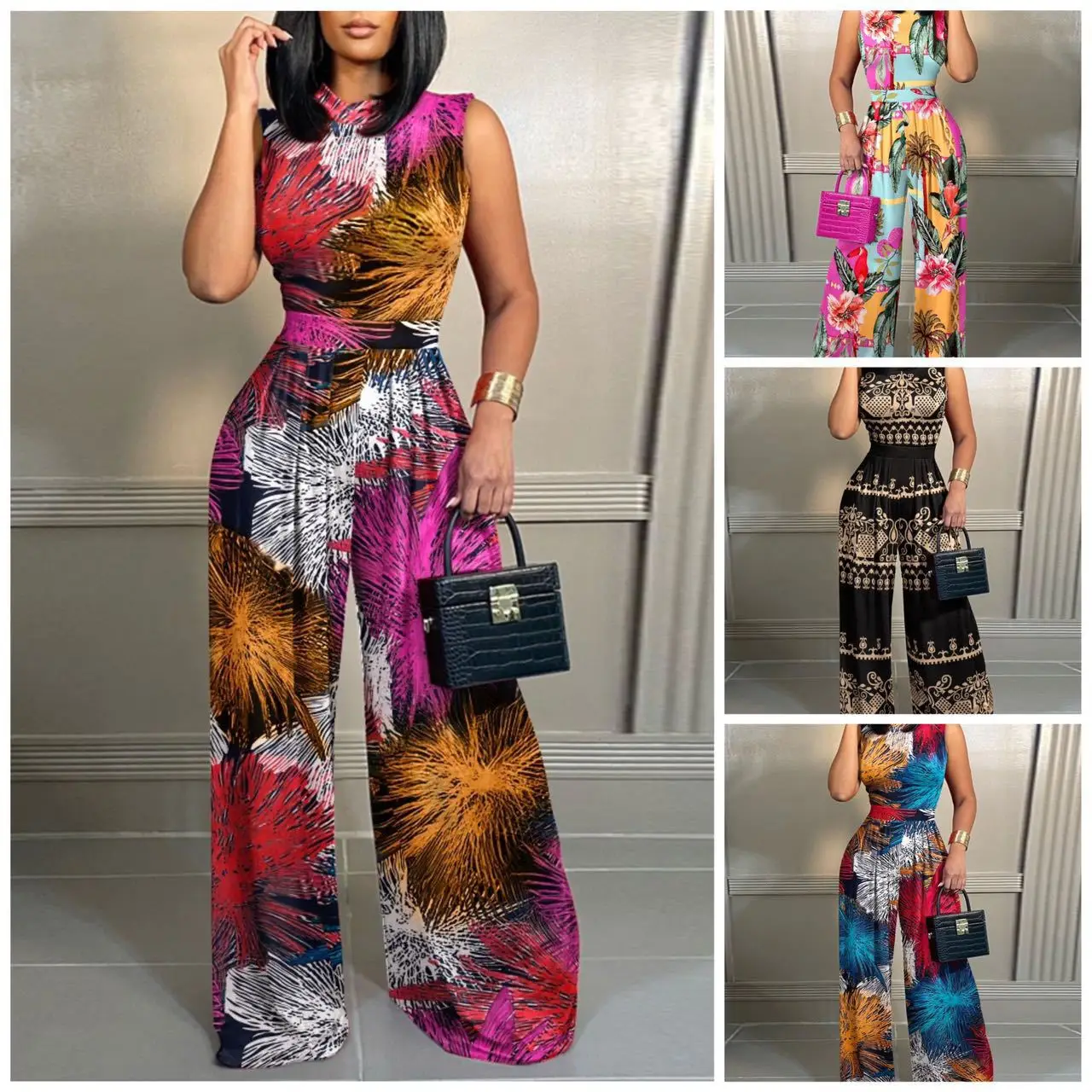 

Woman Long Jumpsuits 2023 Women's Sleeveless Print Elegant Casual Wide Leg Baggy Commute Female Jumpsuit Oversize S-5XL