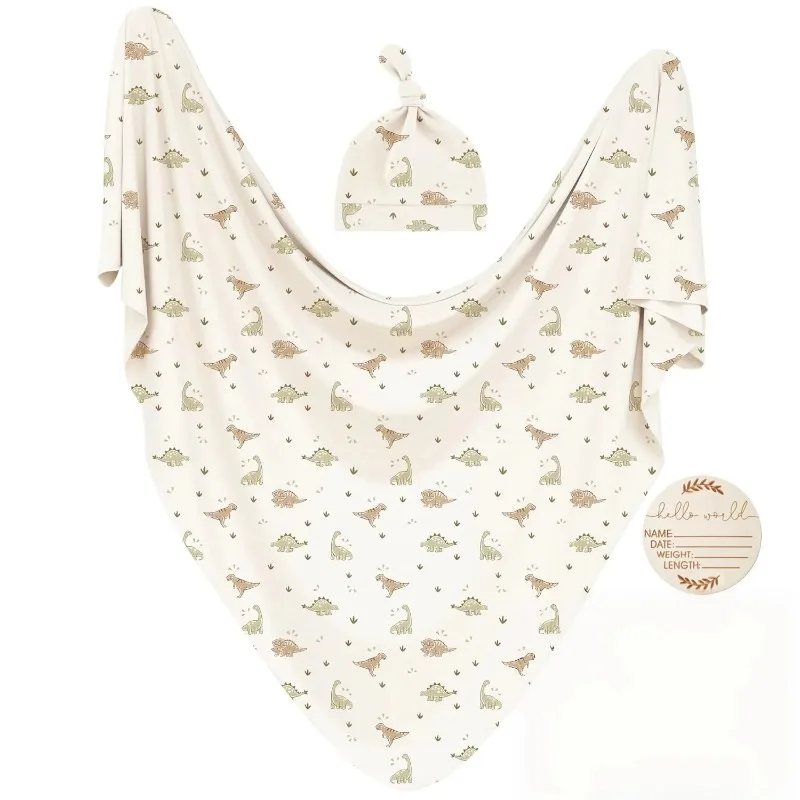 Newborn Baby 3-Piece Set Swaddle Blanket Hat Month Sticker Pure Color Print Soft Cotton Gift