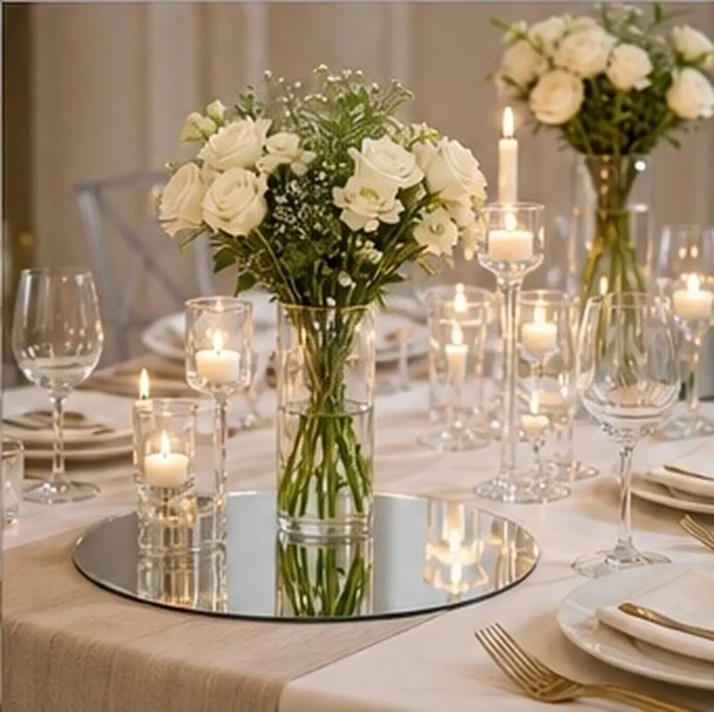 3Pcs Round Mirror Trays Acrylic Elegant Wedding Table Centerpieces Decorative Plates Party Bridal Shower Reception Dining