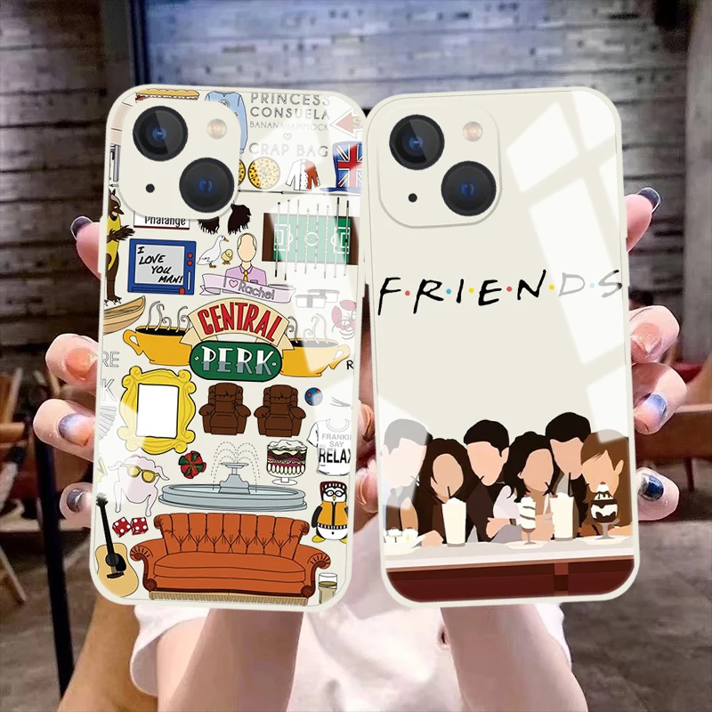 Funny Friends TV Show Silicone Bumper Case, Lente Anti-Queda Candy Colors Vidro, Tampa Do Telefone Para Iphone 11, 12, 13, 14 Pro Max, 13 Mini