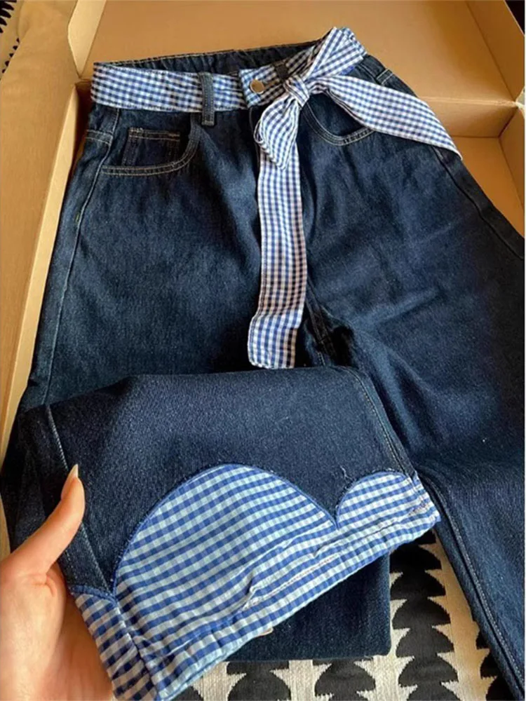 حجم كبير السراويل الدنيم المرقعة المرأة الخريف جديد Sle الكمثرى القرد سليم واسعة الساق الجينز عالية الخصر السراويل الطويلة العادية رقيقة