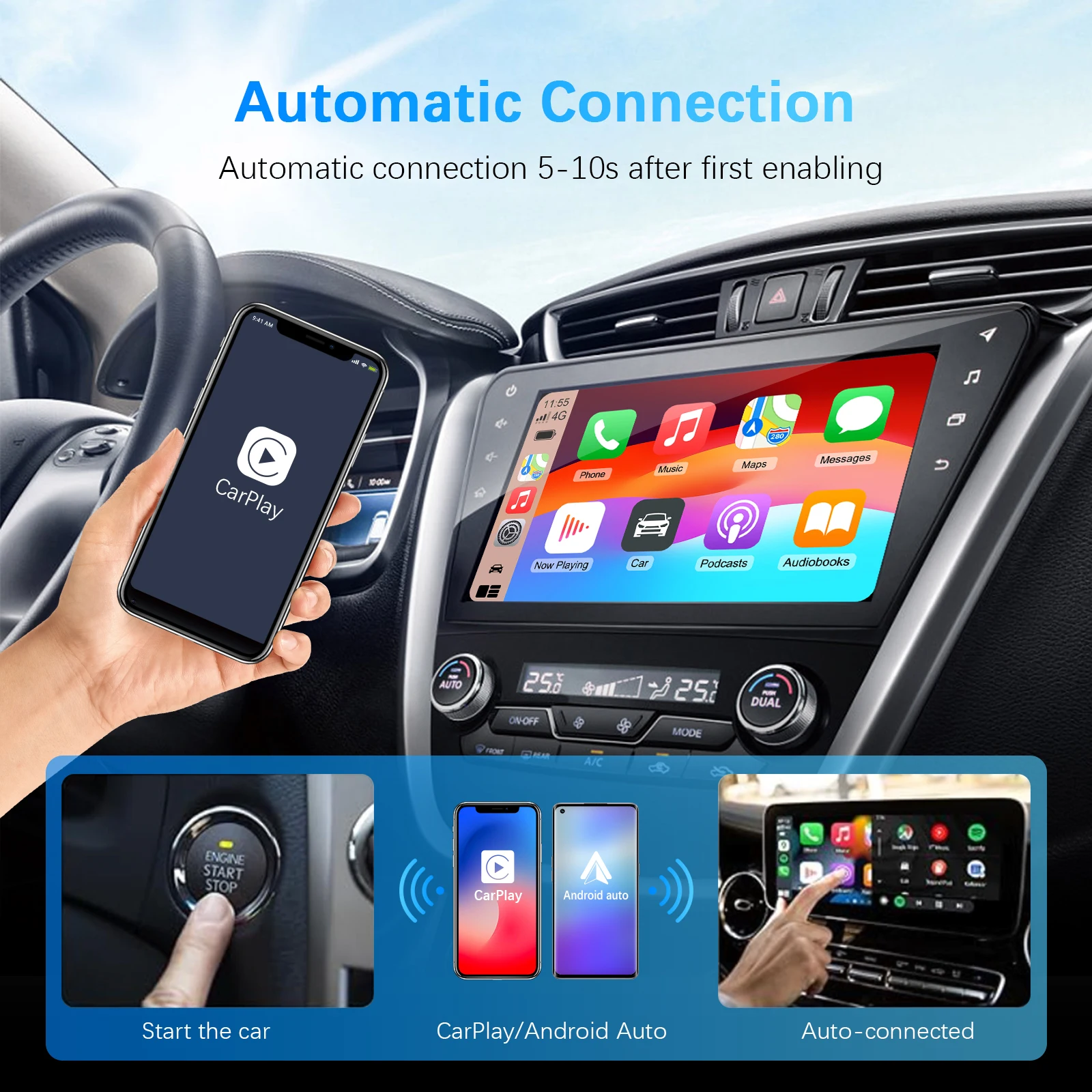 2025 جديد لاسلكي Carplay أندرويد السيارات 2In1 الذكية دونغل محول 5GWIFI BlueTooth5.2 ل 99% OEM سيارة التوصيل والتشغيل ترقية OTA