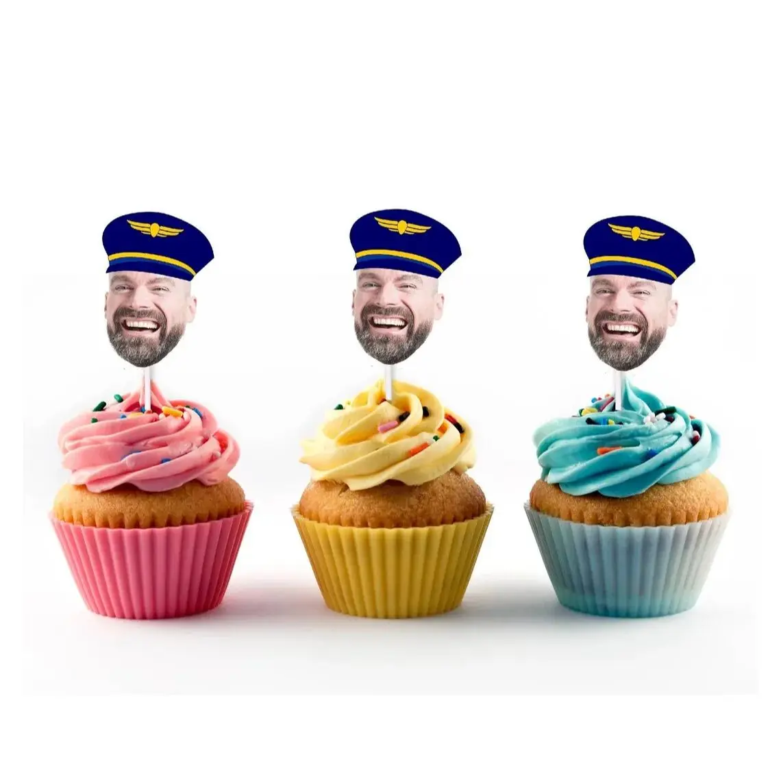 Pilot Cupcake Toppers with Custom Face Photo (12 count) - Pilot, Birthday Decorations, Retirement Party, Personalized