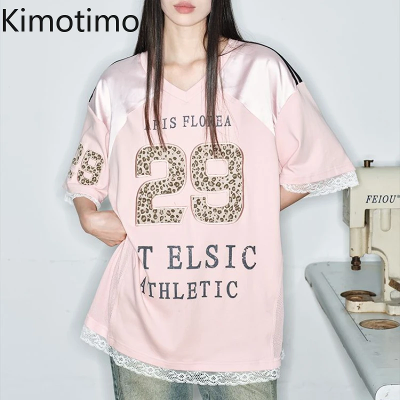 Kimotimo Pink Letter Print Patchwork Lace T Shirt Women 2025 New Short Sleeve Loose V Neck Sports Top Casual Street Fashion Tees