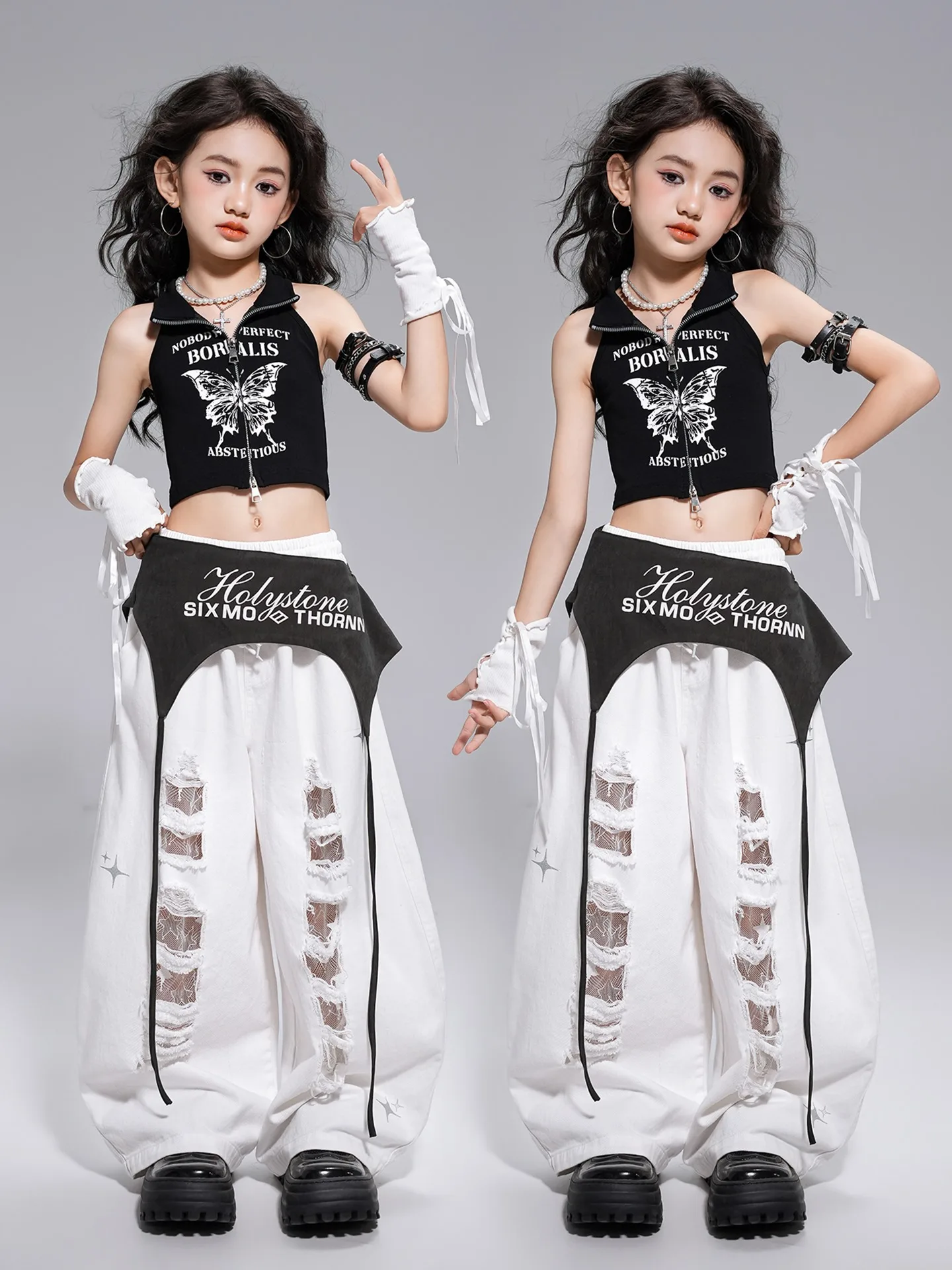 

Girls Trendy Kpop Group Dance Jazz Dance Stage Costume Vest Ripped Pants Performance Suit Street Dance Wear Clothing DQL10884