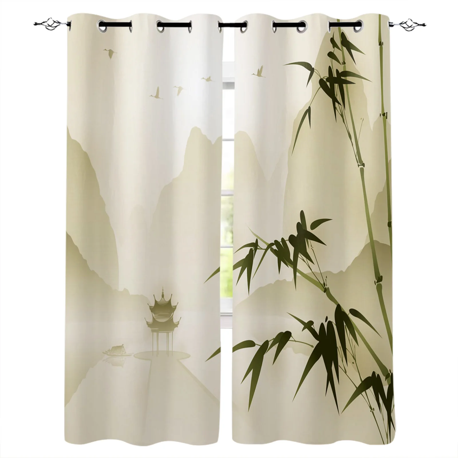 

Chinese Style Bamboo Branch Pavilion Blackout Curtains Window Curtains For Bedroom Living Room Decor Window Treatments