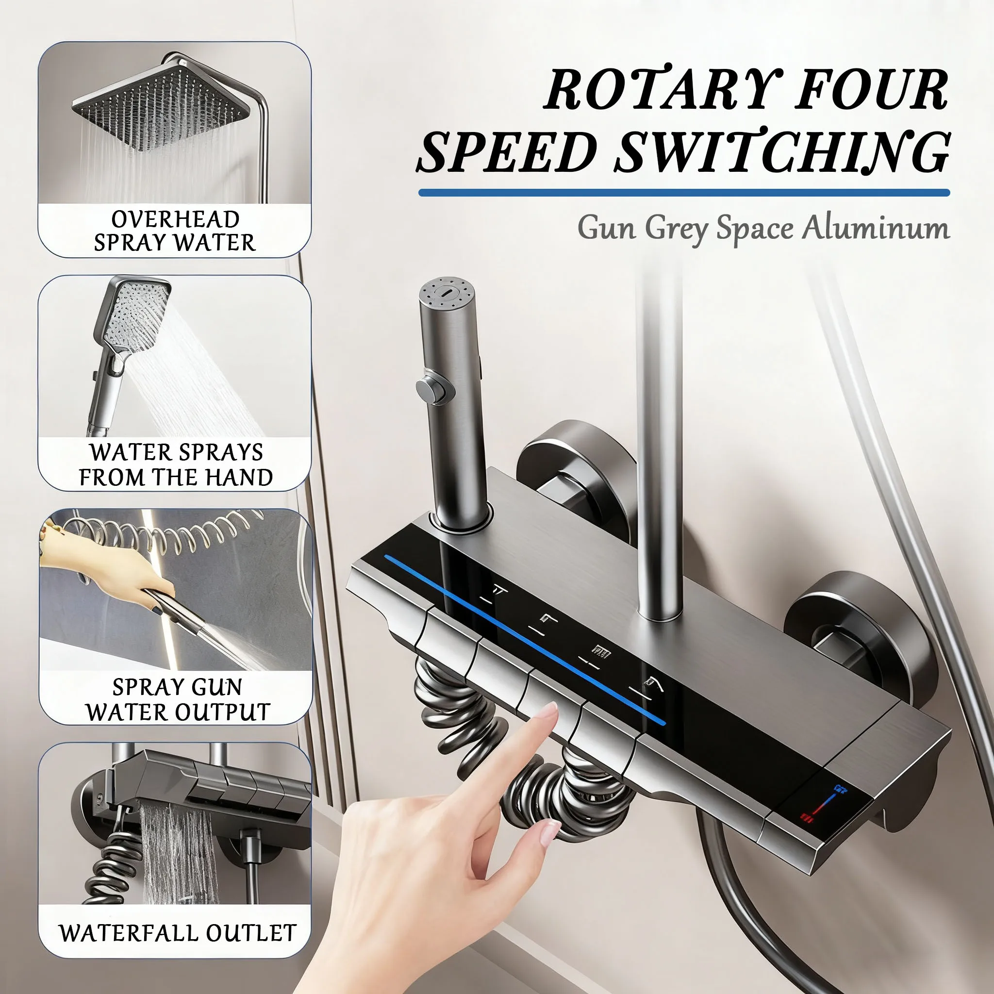 

Gun gray digital atmosphere light shower set Hot And Cold Dual-Control Water Outlet piano keys hotel Bathroom Shower System