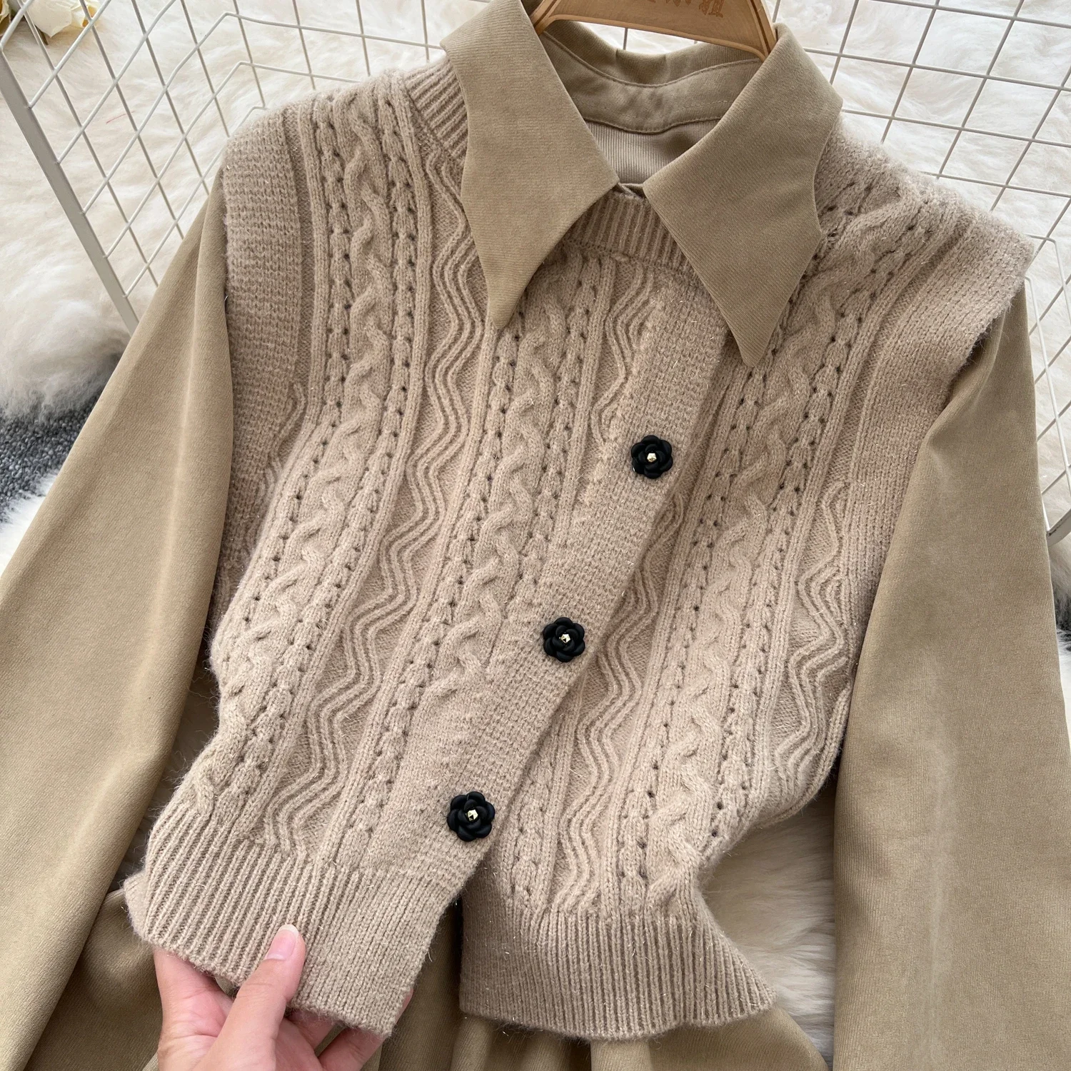 Women Two-Piece Sets Vintage Single Breasted Vest and Turn-down Collar Corduroy Dress Korean High Street Autumn Winter Clothing