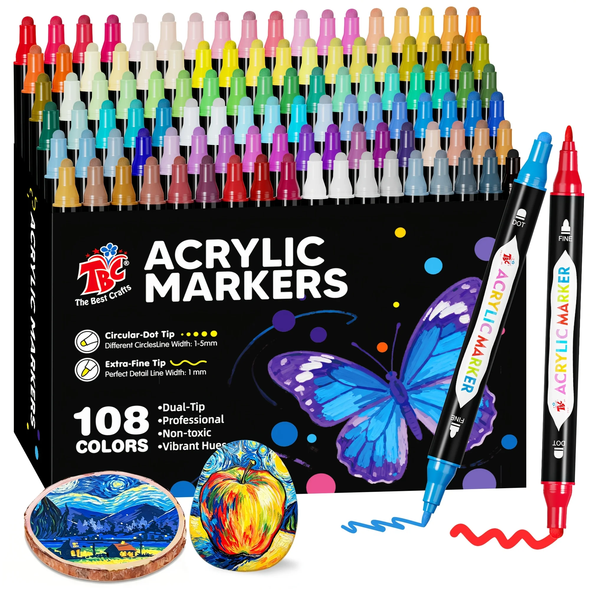 TBC The Best Crafts 108 Colors Dual Tip Acrylic Markers Set, Dual Tip (1mm Fine & 1-5mmDot),Vibrant Pigment, Calligraphy Pens,and Safe Non-Toxic, Perfect for Paper, RockPainting,Stone, Pumpkin,Wood, Egg, Canvas, Fabric, Plastic, DIY Crafts & More