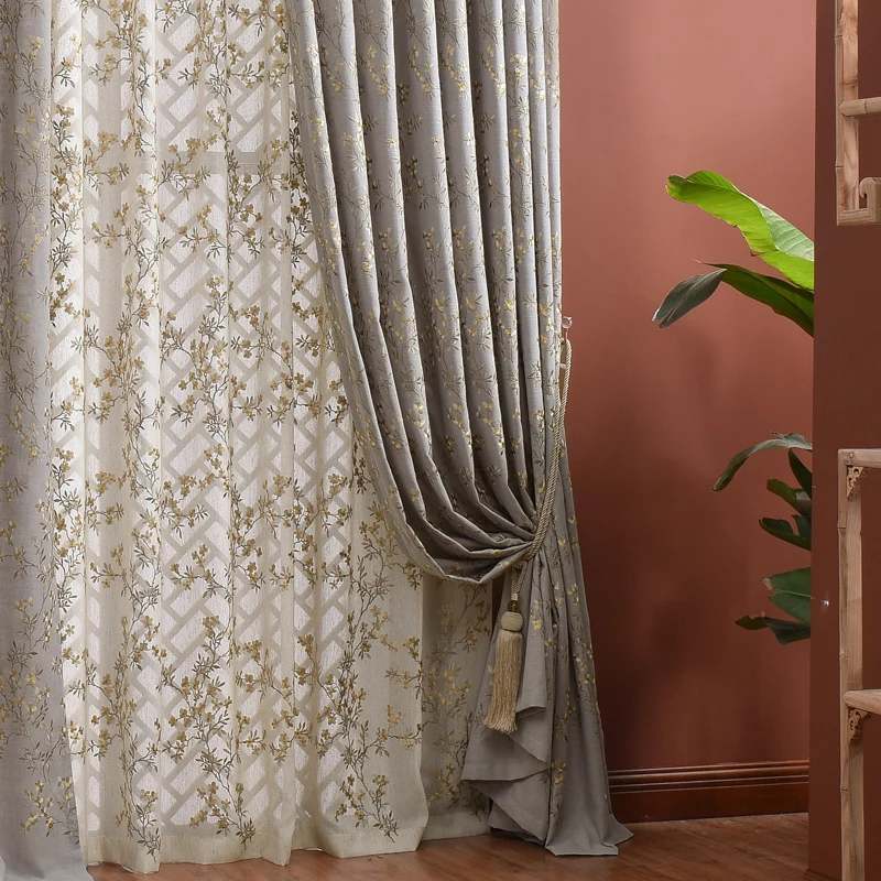 Chinese Cotton and Linen Embroidered Curtains for Living Room Bedroom French Window Balcony Window Screen Customized Products