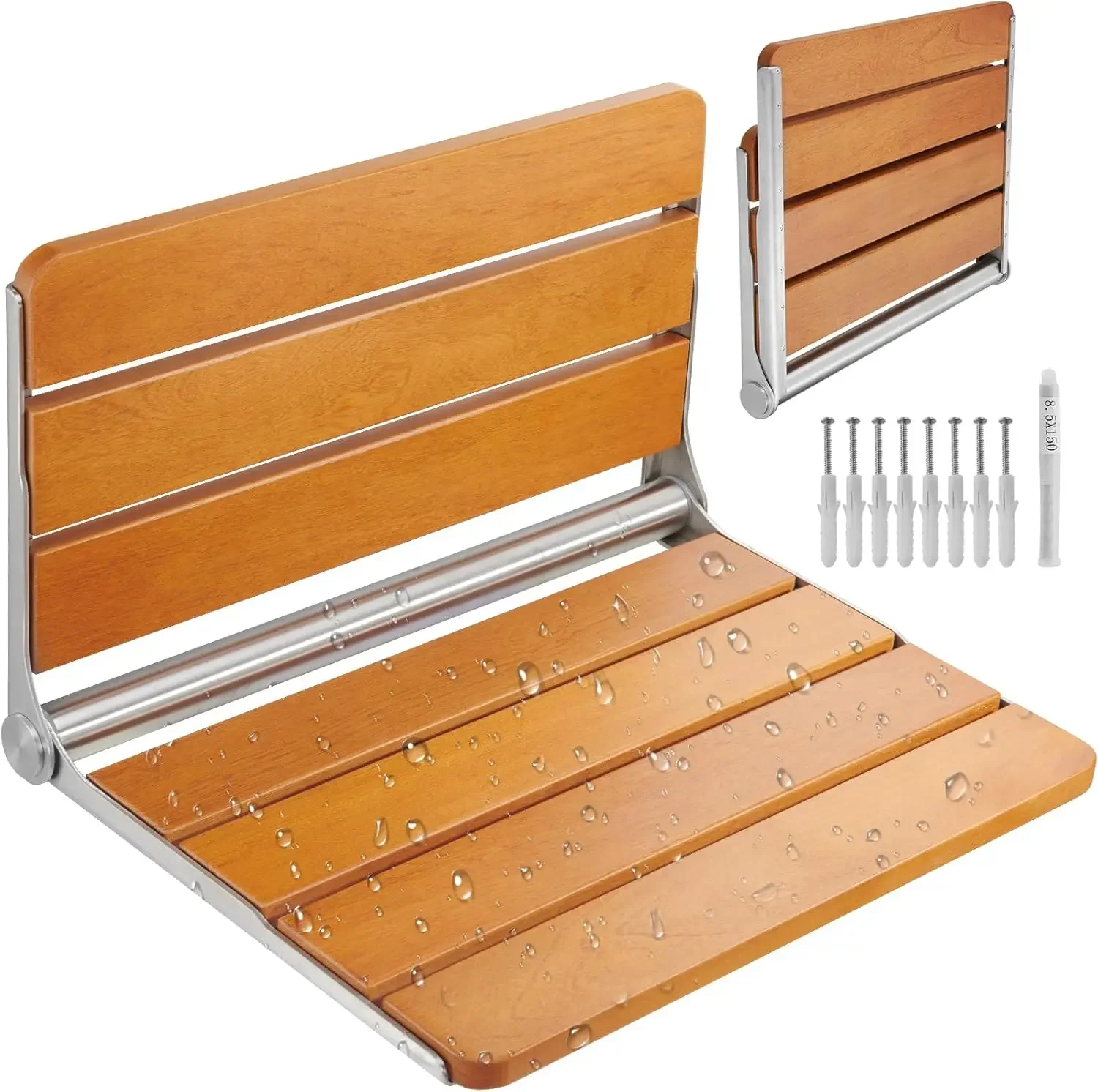 

Folding Teak Shower Seat, 20.9 x 16'' Unfolded, Wall Mounted Fold Up Shower Bench with 500 lbs Load Capacity