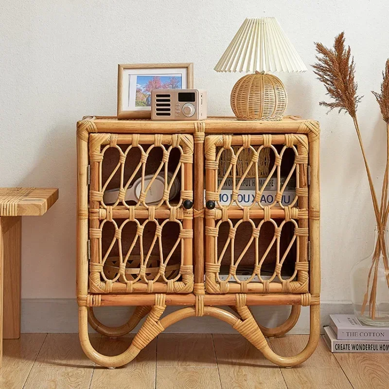 Minimalist Japanese Bedside Table Double Storage Natural Rattan Coffee Table Home Stay Decoration Bedroom Living Room Furniture