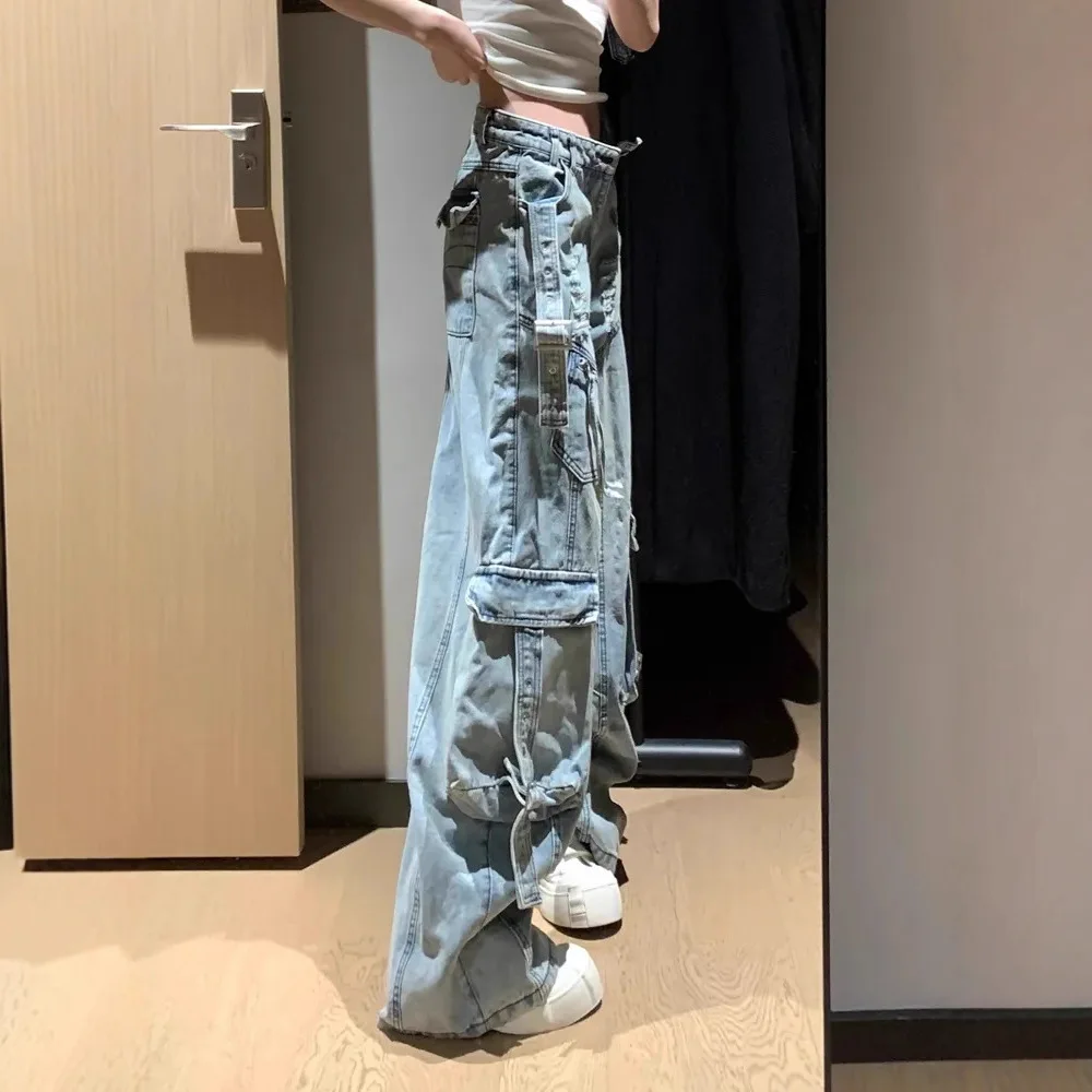Women's Fall Streetwear Denim Workwear Flare Pants Ruffles Multiple Pockets Ripped Design