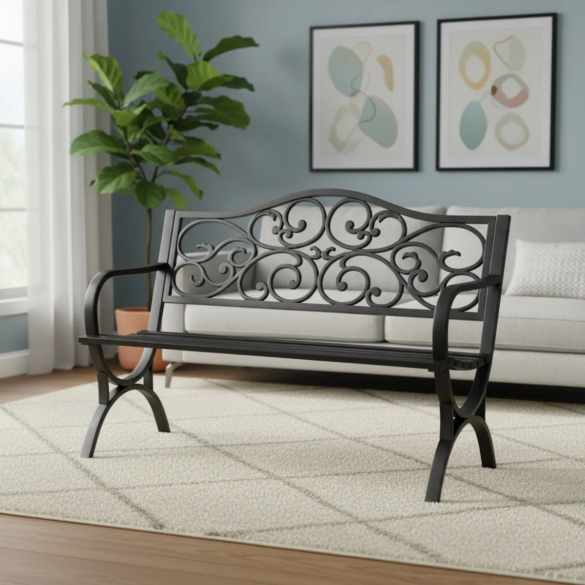Large Outdoor Garden Bench 50in Weatherproof Cast Iron Steel Black Floral Back Slatted Seat