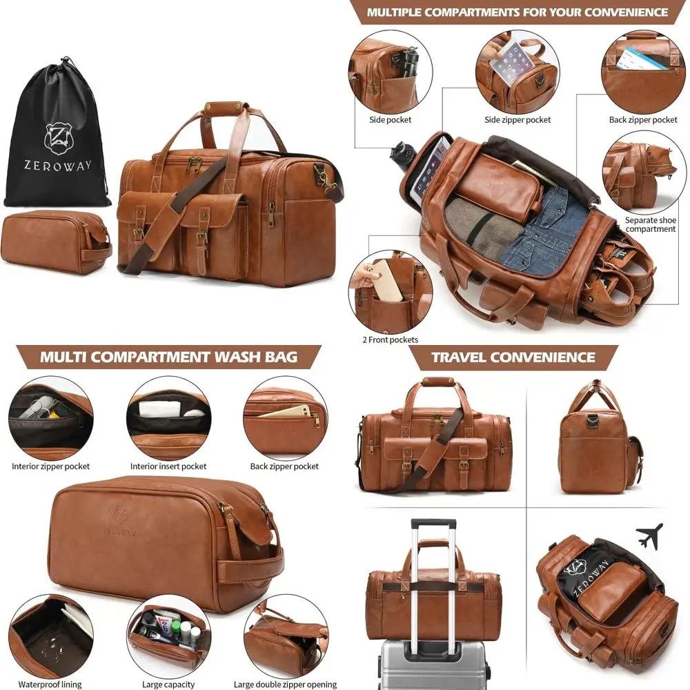 

Pu Leather Travel Duffel Bag with Toiletry Kit and Laundry Bag, Weekender Overnight Luggage Carry-On Bag for Weekend Trips