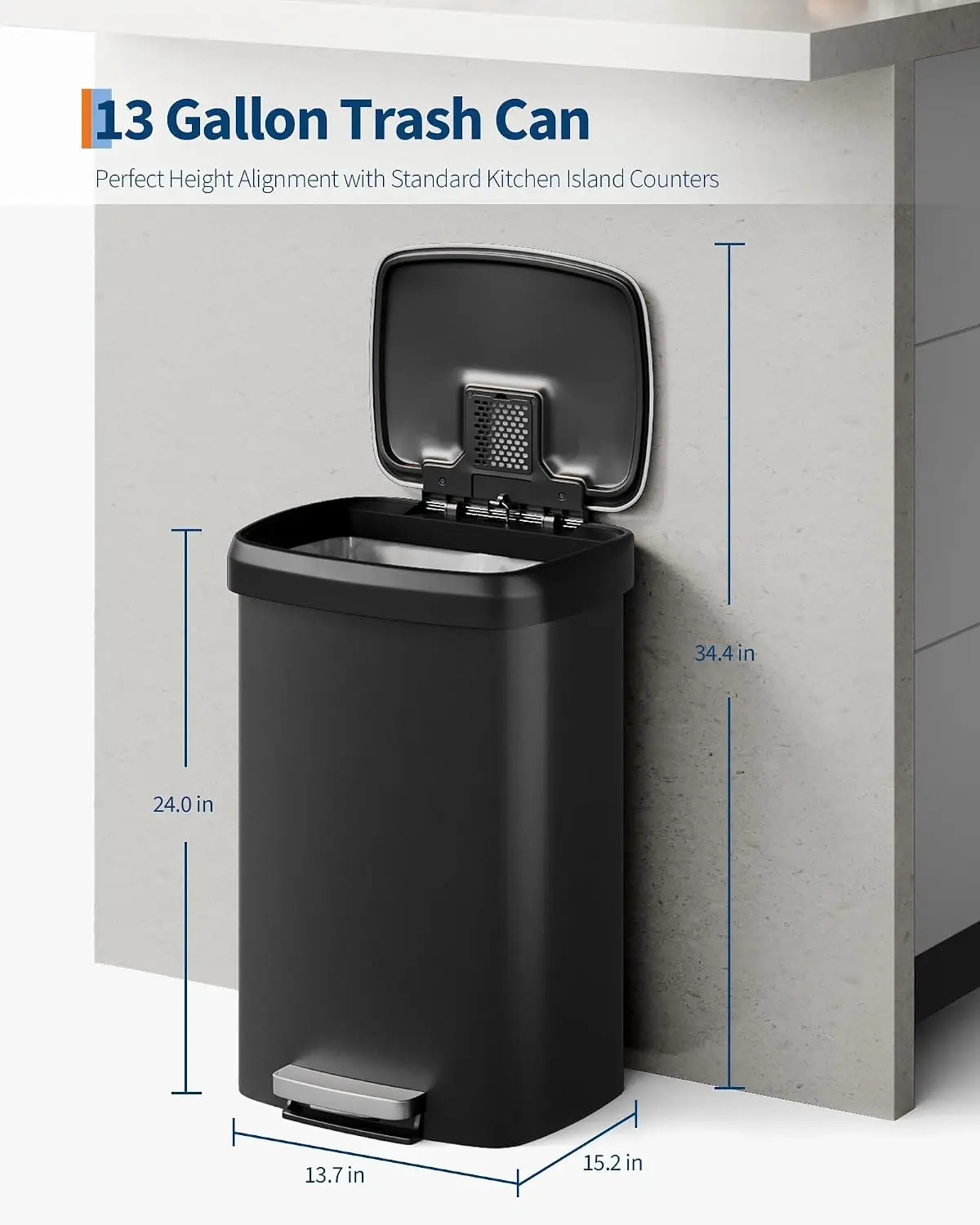 13 Gal / 50L Plastic Step Trash Can – Soft Close Lid, Liner Rim, Rear Handle, Large Kitchen Garbage Bin, Black