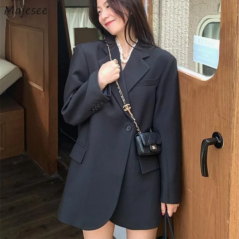 بليزرات نسائية ملابس خارجية سوداء نقية فضفاضة أنيقة بسيطة للخريف الميت موضة حديثا Kpop معطف غير رسمي كل مباراة طية صدر السترة خمر الإناث Ins