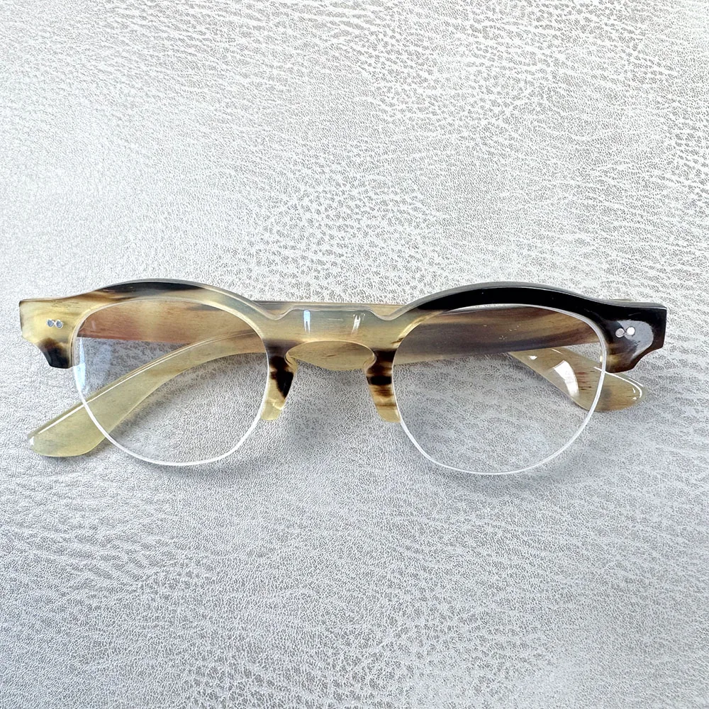 

Eyeglass Frames Unique Half Rim Rivets Vintage Reading Handmade Natural Horn Prescription Glasses Frames Optical Lenses Eyewear