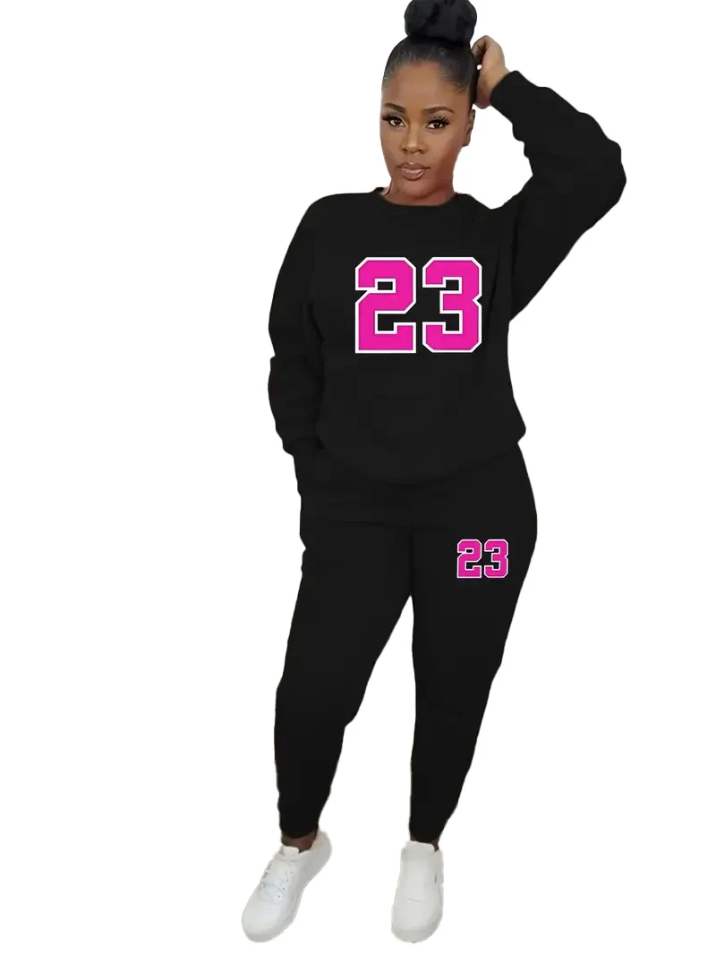 

Women's 2-piece lucky number print, crew-neck long-sleeved sweatshirt and slim-fit pantsuit, women's casual sports suit