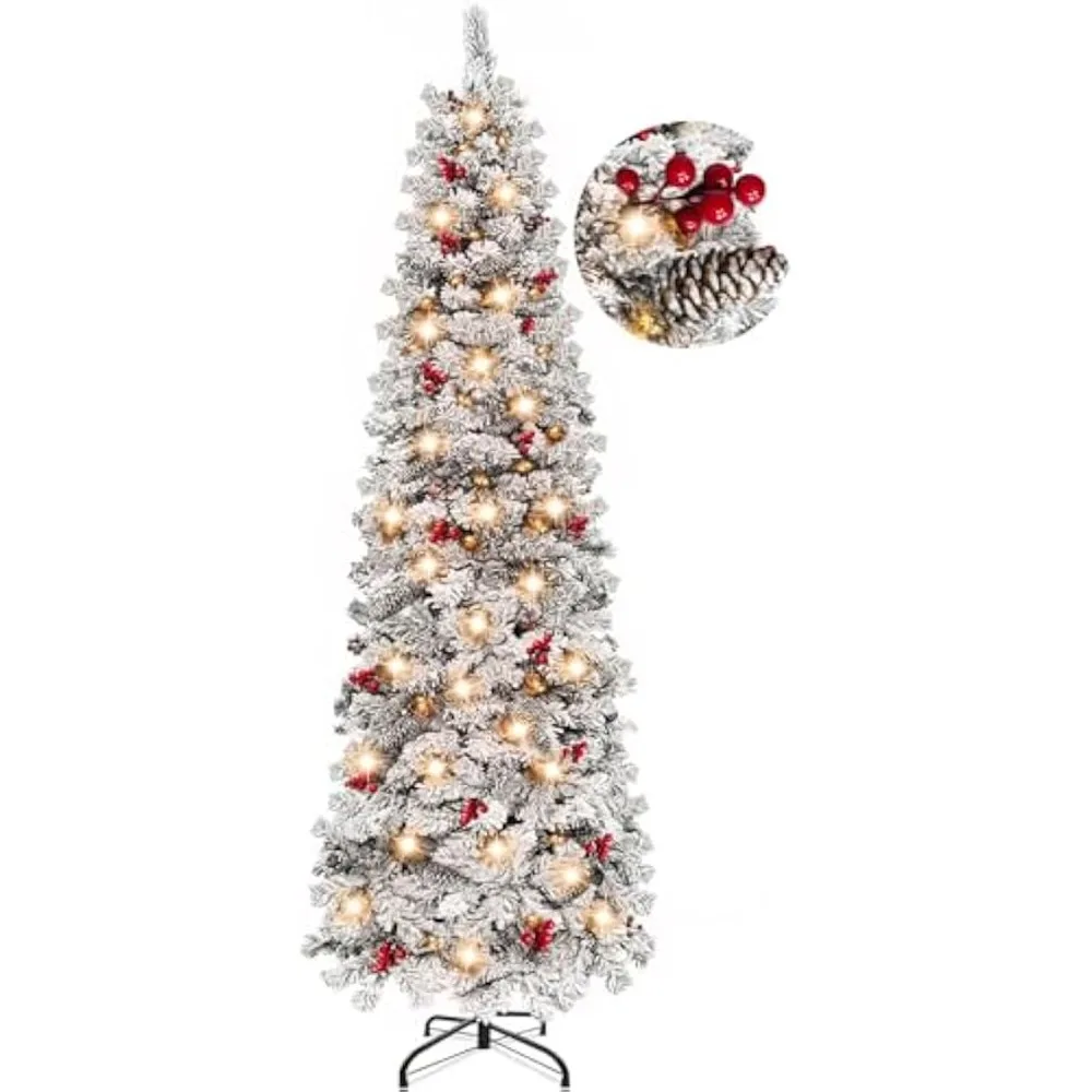 

7ft Flocked Pencil Christmas Tree with 300 LED Lights, 228 Berries, 38 Pinecones