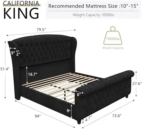 California King Size Platform Bed Frame, Velvet Upholstered Sleigh Bed with Scroll Wingback Headboard &