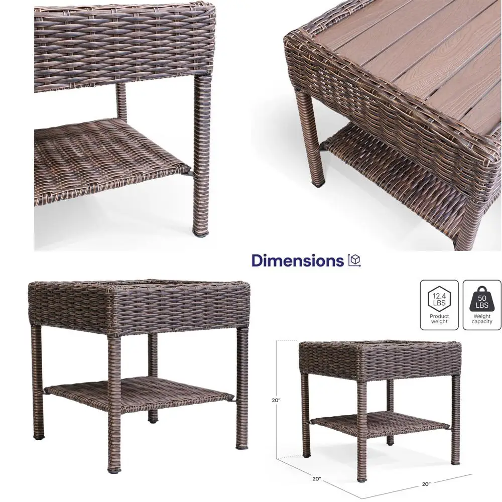 

2-Tier All-Weather HDPE Rattan Outdoor Side Table with HIPS Top and Storage Shelf, Brown