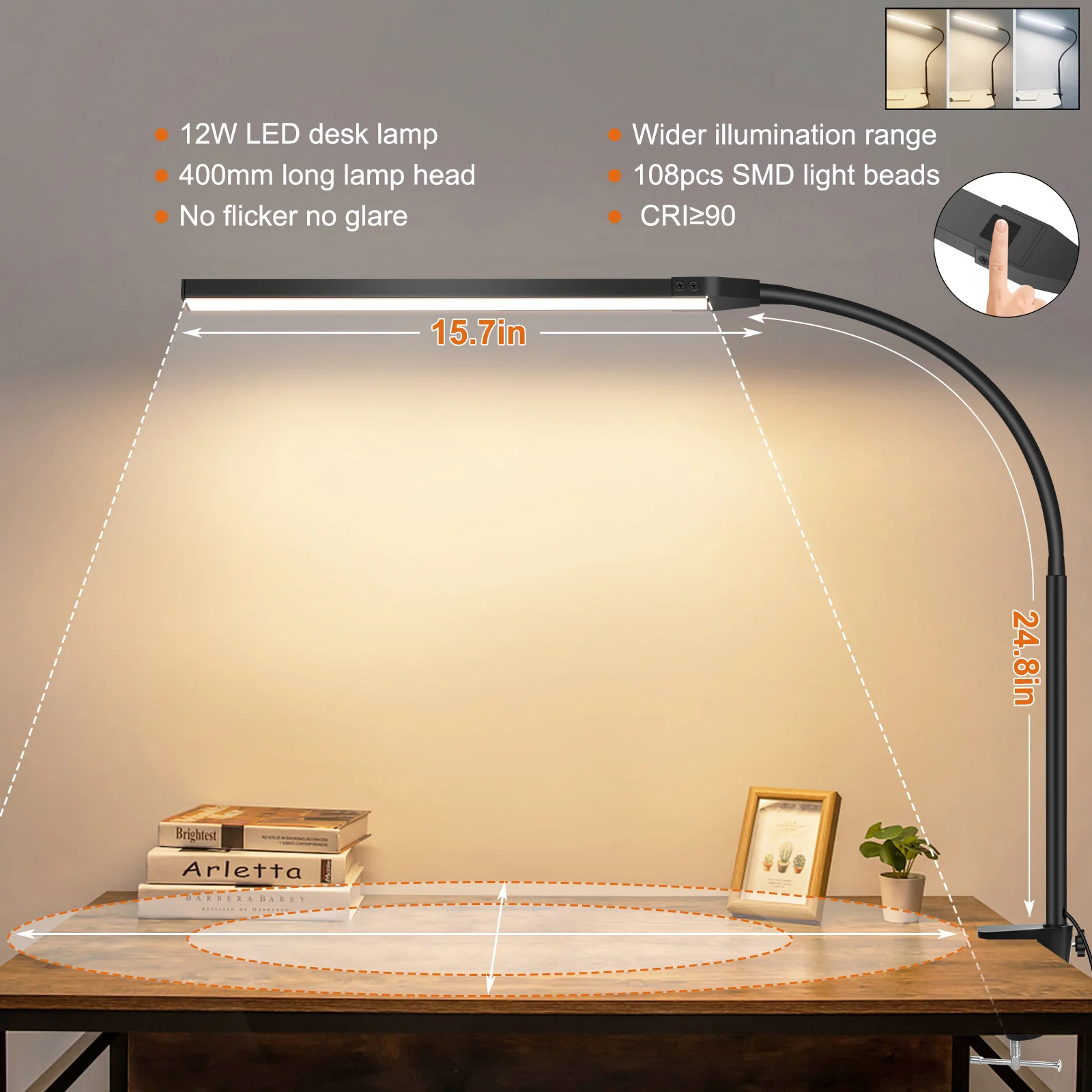 Newacalox-Desk Lamp para Home Office, Luz de mesa com braçadeira, Botão Touch, Cor Ajustável, Temperatura e Brilho