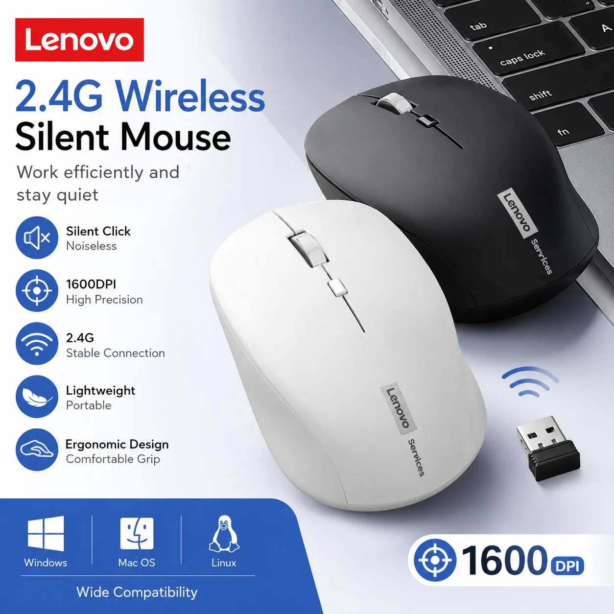Lenovo New Wireless Mouse,Mouse for and Office Use Compatible with Multiple Platforms 2.4G Connection 1.5V Dry Battery Powered