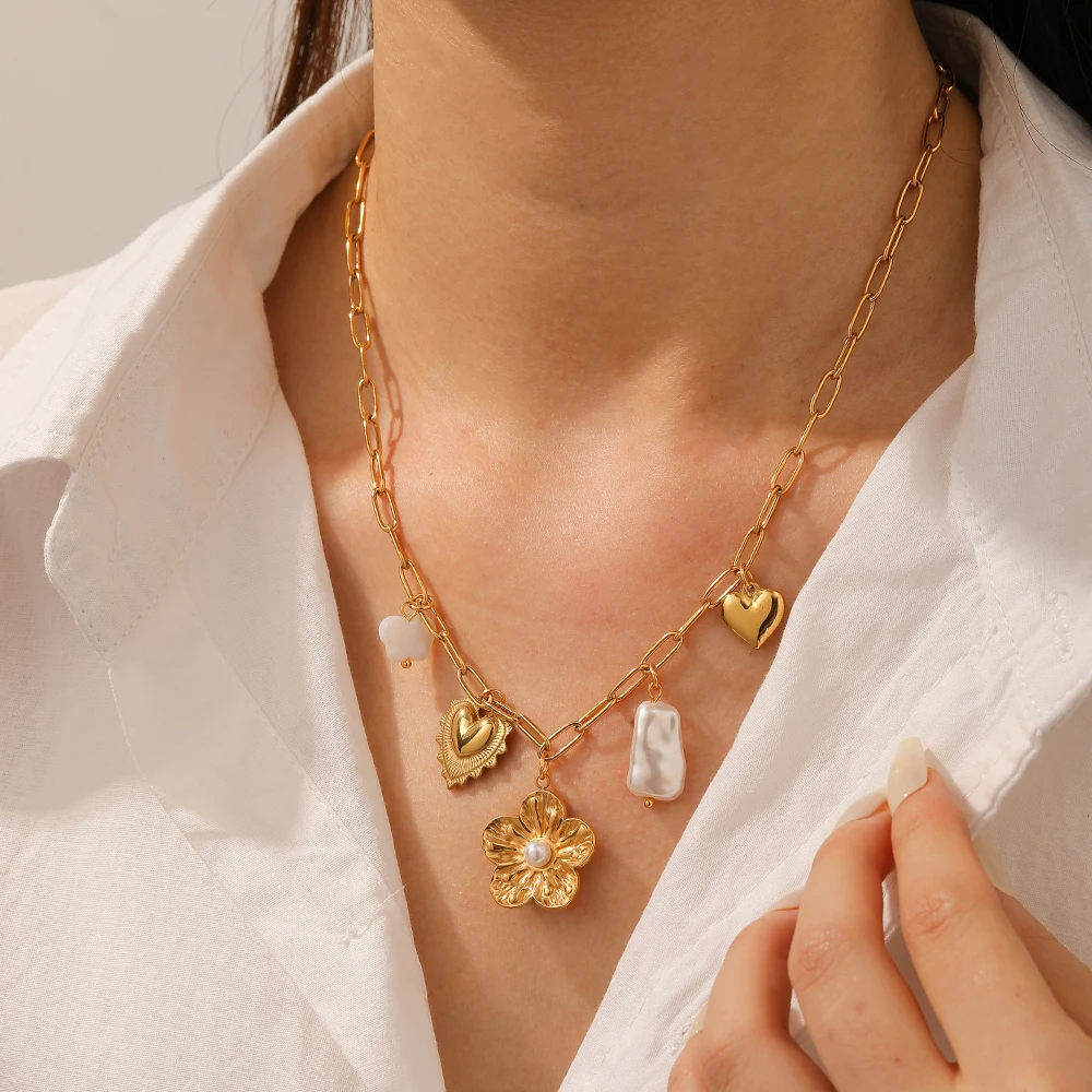 Edelstahl Perle Inlay Blume Schmetterling Herz Anhänger Halskette Dame Neue Klassische Wasserdichte Halskette Schmuck