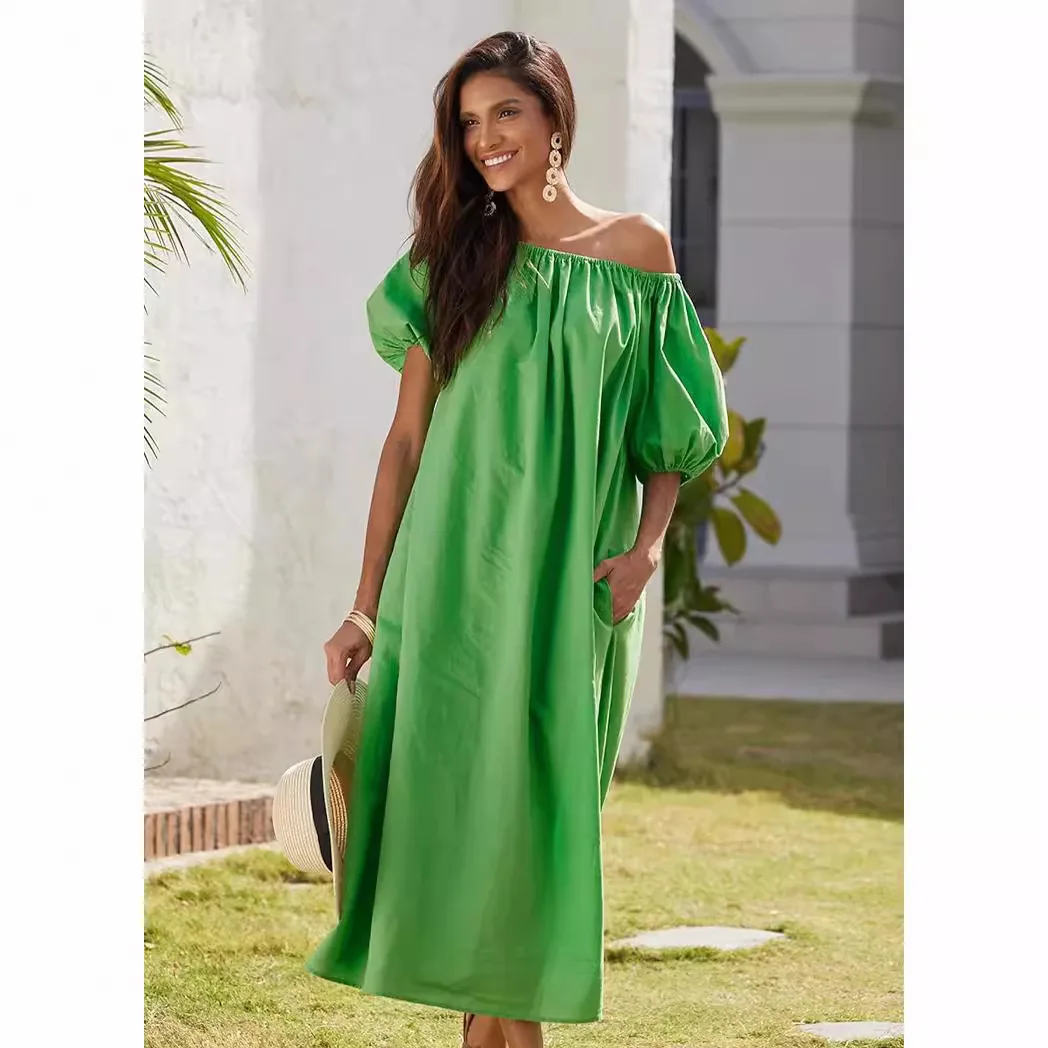 Fashionable Women\'s Green Lace Up Dress French Casual Lazy Style Bubble Sleeves Slanted Shoulder Short Sleeved Elegant Dress