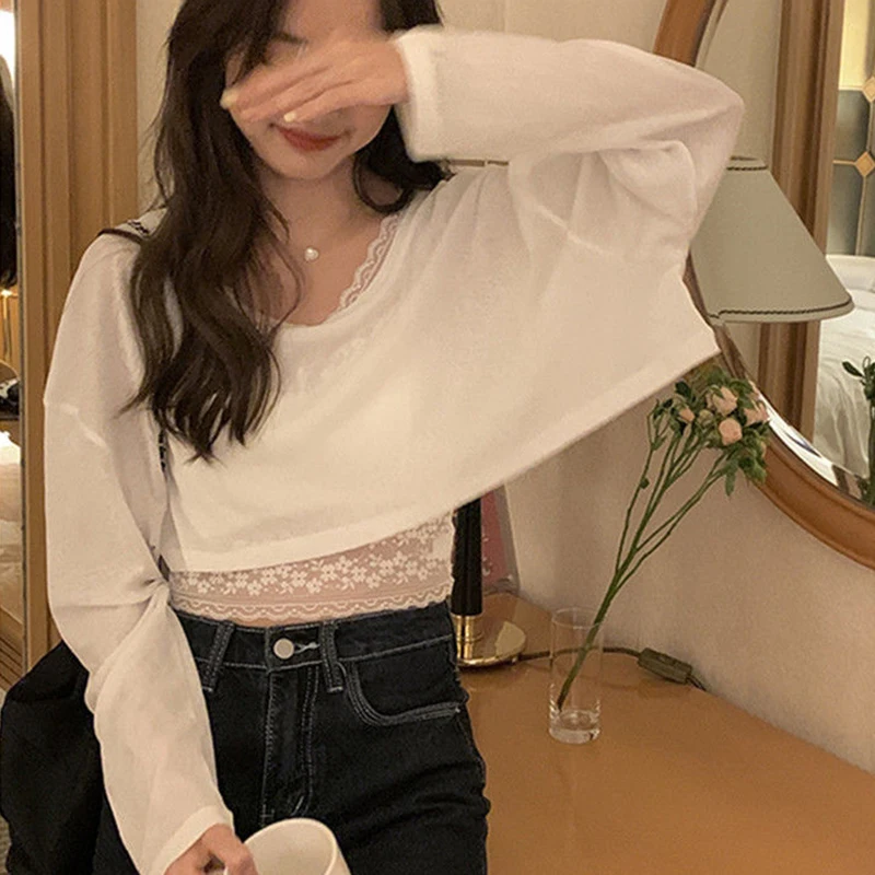 White T Shirt Women Summer Fashion Loose Casual Thin Transparent Crop Top Korean Simple Sunscreen Streetwear Long Sleeve Tees