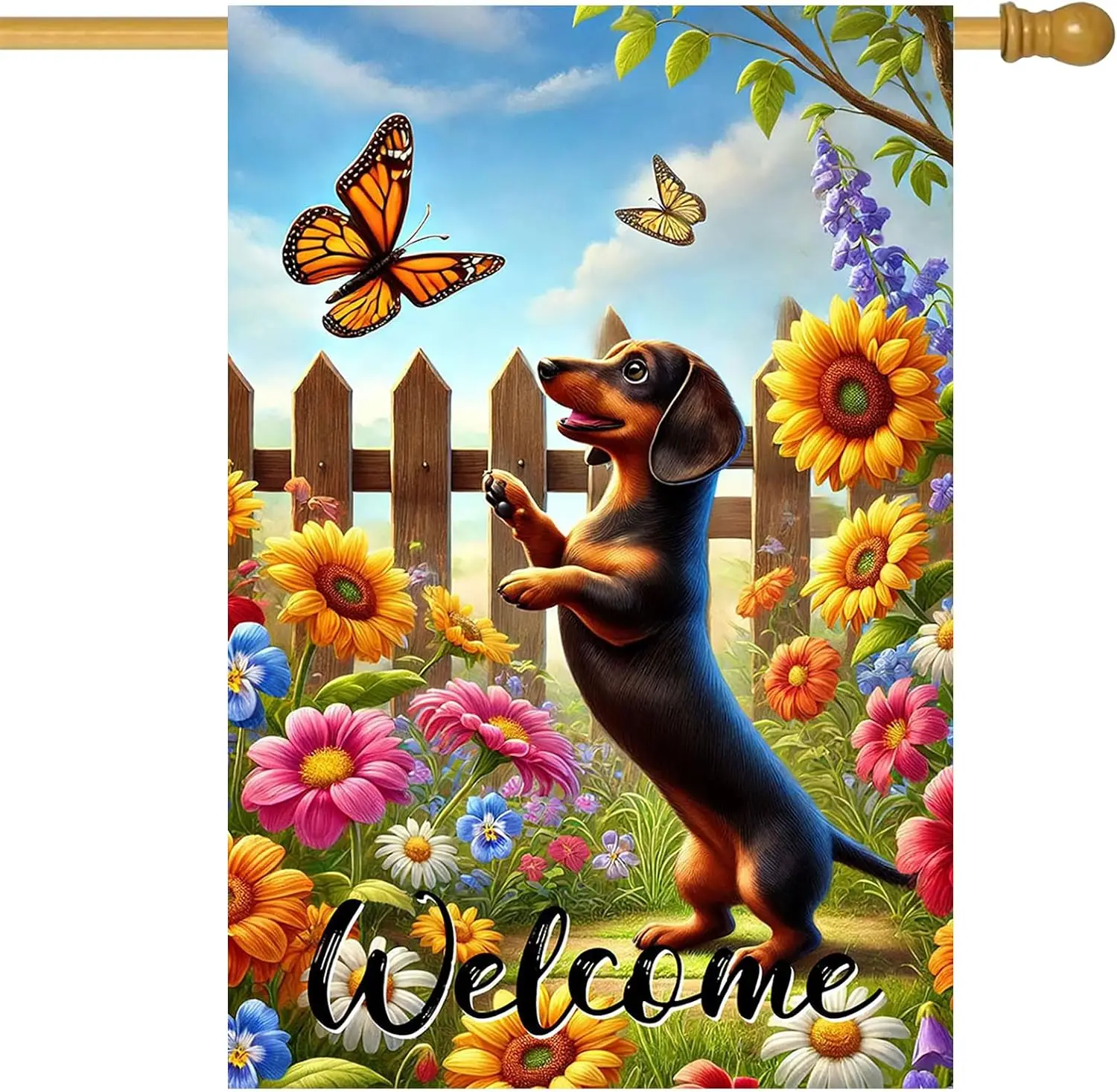 IVN Dachshund Dog Spring Garden Flag 28x40 Inch Cute Puppy Fence Scene Butterfly Sunflower Floral Garden Double Sided Vertic zzo