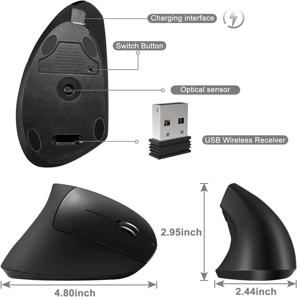 H1 قابلة للشحن قابل للتعديل DPI ماوس لاسلكي مريح عمودي 2.4GHz 2400 ديسيبل متوحد الخواص الفئران العمودية لأجهزة الكمبيوتر المحمول/ماك بوك/الكمبيوتر