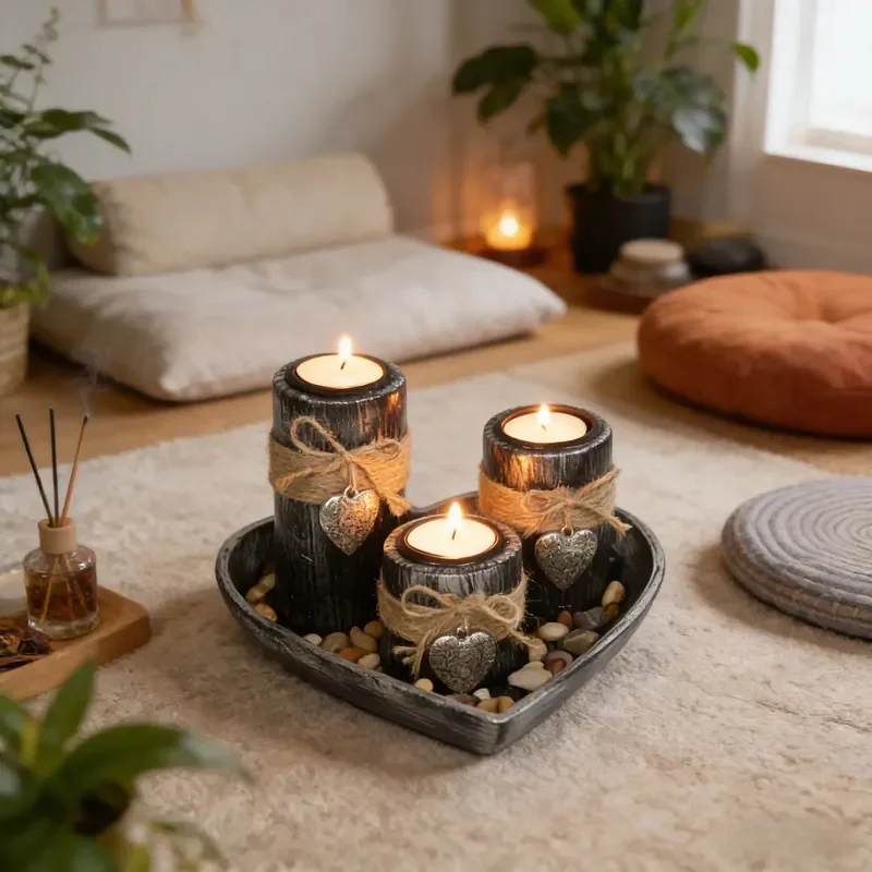 for Retro Heart Shaped Wooden Candle Holder 3 Piece Set with Hemp Rope Love Decoration Nordic Style Ornament for Dining Table