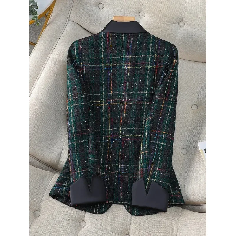 Autumn Winter Ladies Casual Blazer Women Jacket Black White Green Plaid Long Sleeve Single Breasted Female Coat