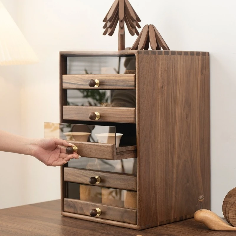 

Spot black walnut storage box pull-out multi-layer storage box with acrylic transparent plate jewelry teacup storage box