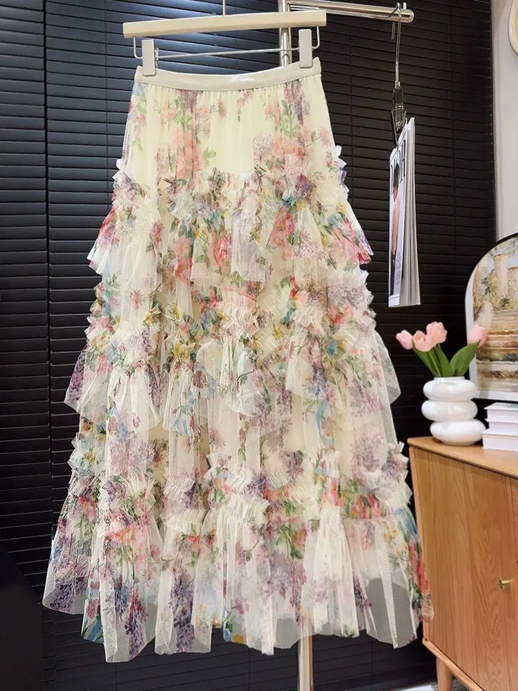 

Floral Print Layered Tulle Cake Skirt Half-length Women's Puffy Long Skirt with Flared Hemline Cross-border Mosaic Design