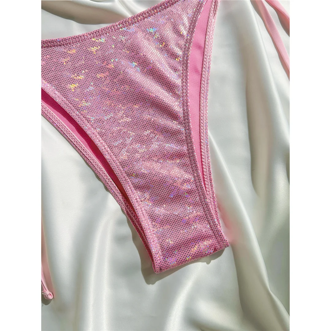 Glitzernder, funkelnder Neckholder-Bikini, Damen-Badebekleidung, zweiteiliger Bikini-Set, Badeanzug mit hohem Beinausschnitt, Badeanzug, Schwimmanzug V7269 – Detail 10