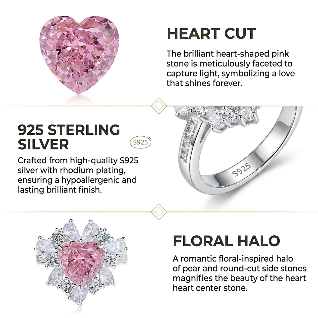Luxury Pink Heart Cut Ring for Women Real 925 Sterling Silver Vintage Floral Halo Engagement Wedding Statement Romantic Jewelry