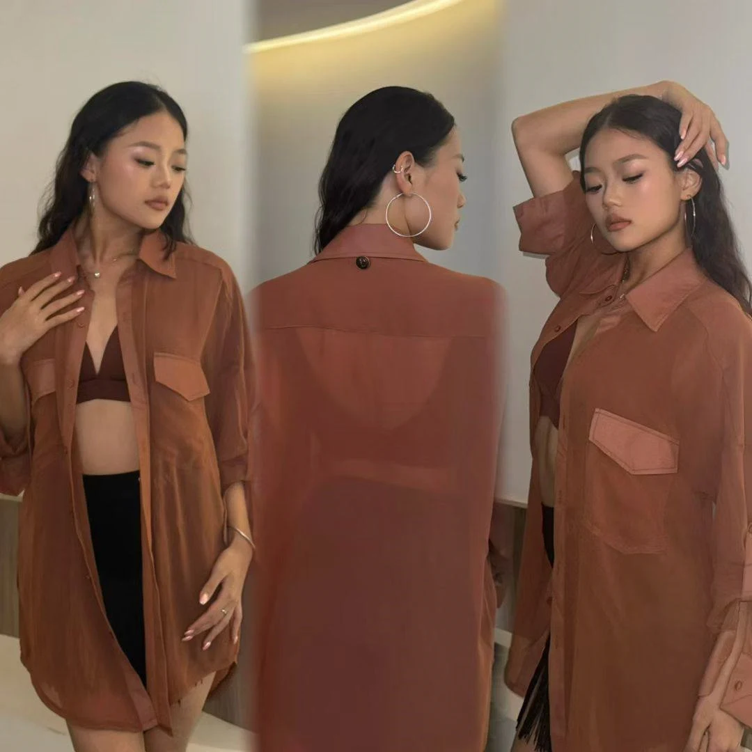 

Brown Mesh Latin Dance Shirts Women Rumba Dance Clothes Sexy Practice Wear Long Sleeves Cardigan Adult Latin Dance Coat SS1777