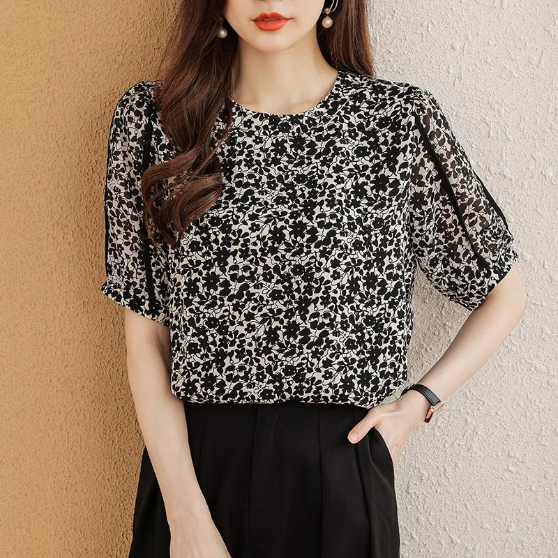 Women Clothing Fashion Print O-neck Short Sleeve Blouse Summer Korean Version Chic All-match Loose Shirts Office Lady Pullovers