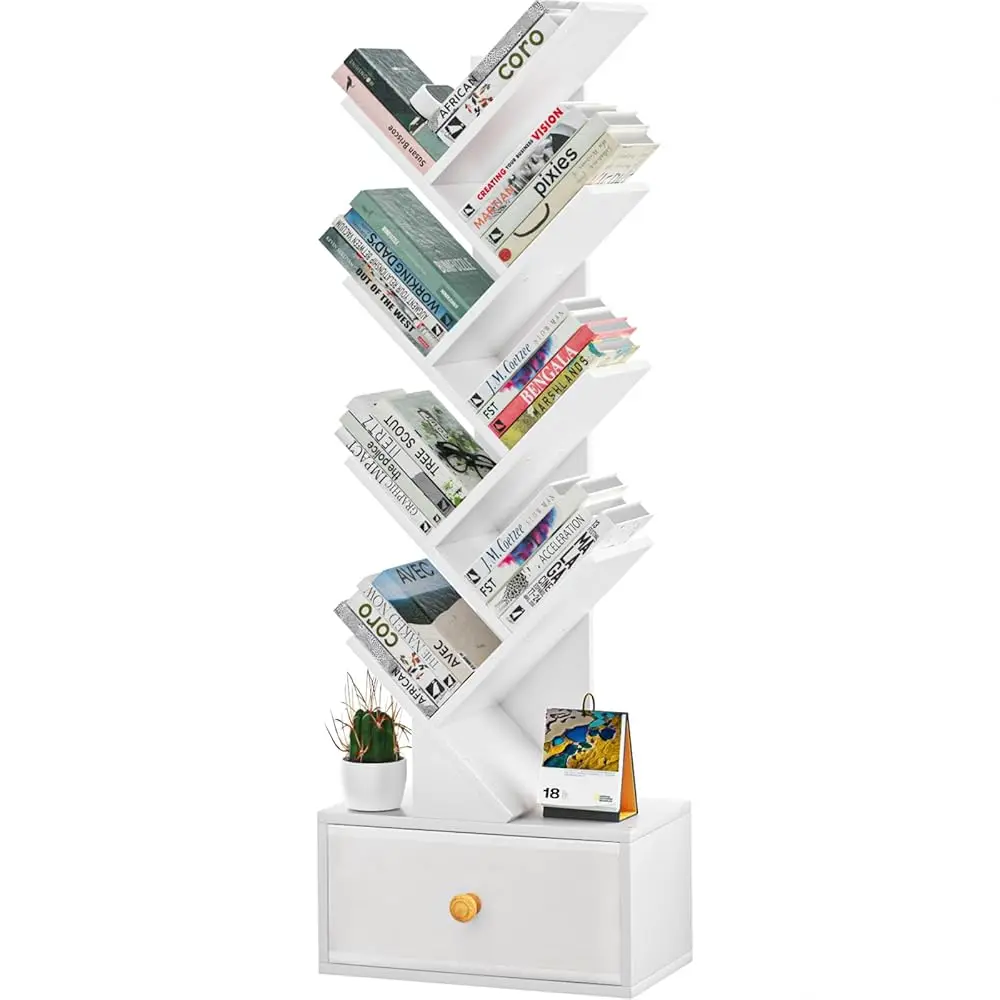 

8 Tier Tree Bookshelf With Drawer, Free Standing Wood Bookcase For Living Room, Bedroom, Home Office, Space Saving Storage