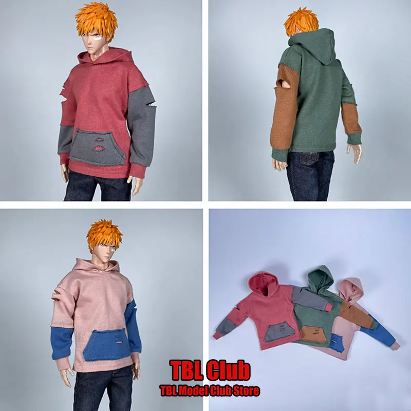 In Stock 1/6 Scale Male Soldier Trendy Ripped Patchwork Long Sleeve Hooded Pullover For 12inch Action Figure Doll